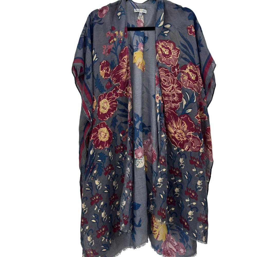 Woven Heart Floral Kimono Cardigan One Size Gray Red Blue Boho Lightweight